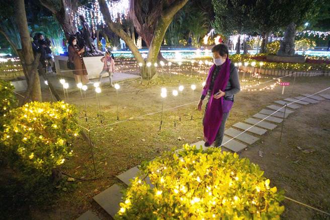 在市府前广场展览区的花灯，在夜色中闪耀着各式光芒。（季志翔摄）