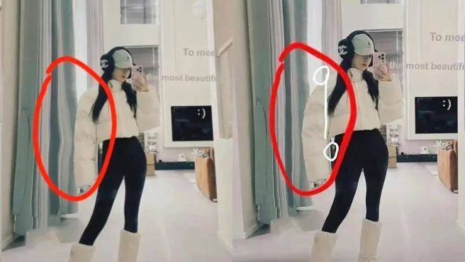 网友还原图片后发现身材P图外，电视机还有一名神秘男子。(图/微博)