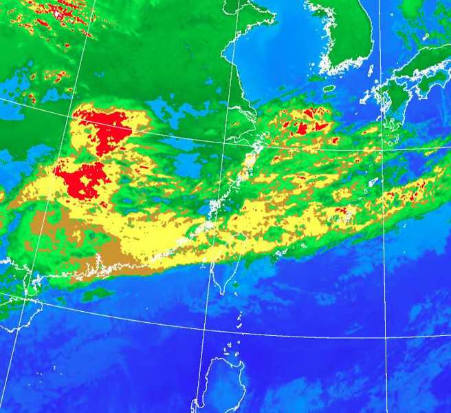 華南鋒前雲系東移，苗栗以北及東半部都有雨。圖為衛星雲圖。(翻攝自氣象局)