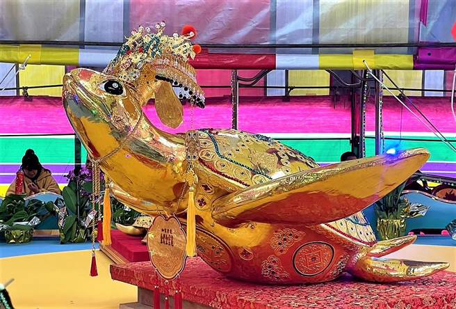 重415两、市值3千万元的山水上帝庙黄金龟，今年元宵在镶上1.77克拉的钻石双眼之后，正式在庙前广场亮相。（张茂雄摄）