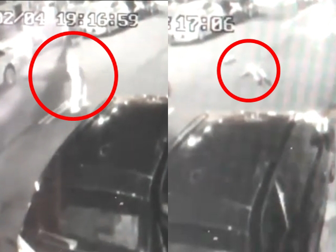 台中1名妇人昨（4）日晚间7点多抱着1岁多的儿子横越马路准备吃晚餐时，遭后方1辆直行的机车撞击，母子俩被撞飞重摔在地。（翻摄照片）