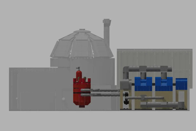 反應爐(紅色)將高溫蒸氣傳到氣輪機室，推動發電機成為電力。(圖/LEGO)