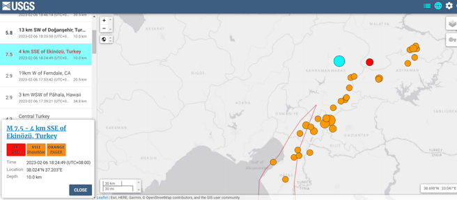 美国地质调查（USGS）最新消息指出，土耳其中部又传出7.5强震，深度达10公里。（图／翻摄自USGS）