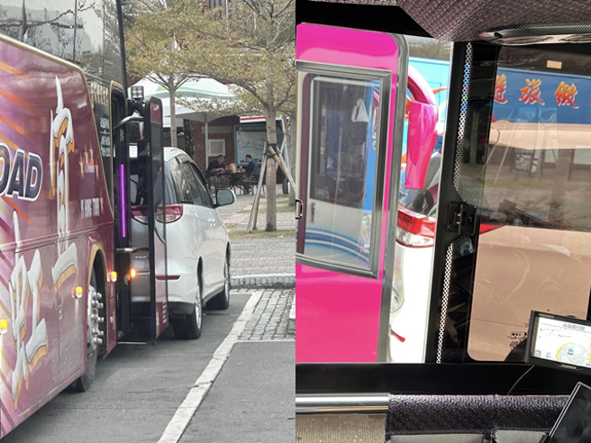 一名网友直击一辆轿车疑似违规停进国道休息站的「大客车车位」，遭一辆游览车从后方「贴紧」，照片中游览车车头紧贴轿车后车厢。（翻摄自脸书「爆废公社二馆」）
