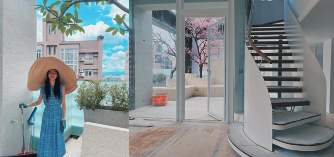 隋棠屋内为楼中楼挑高设计，进门更可见纯白旋转楼梯。（图／隋棠脸书）