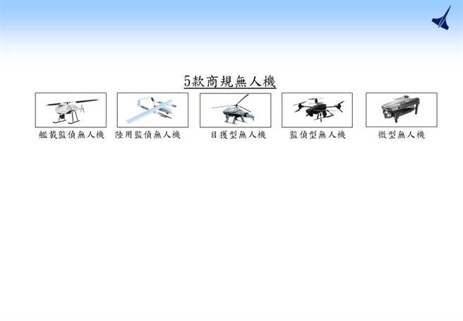 中科院今公布五款商規無人機。（國防部提供）