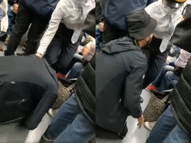 男学生因连日比赛睡得少，坐在博爱座休息时遭一名妇人痛骂，妇人疑似飙骂脏话并要求让座，男学生起身后，对方仍持续碎念，最后一名男学生崩溃下跪。（翻摄自脸书「爆料公社公开版」）