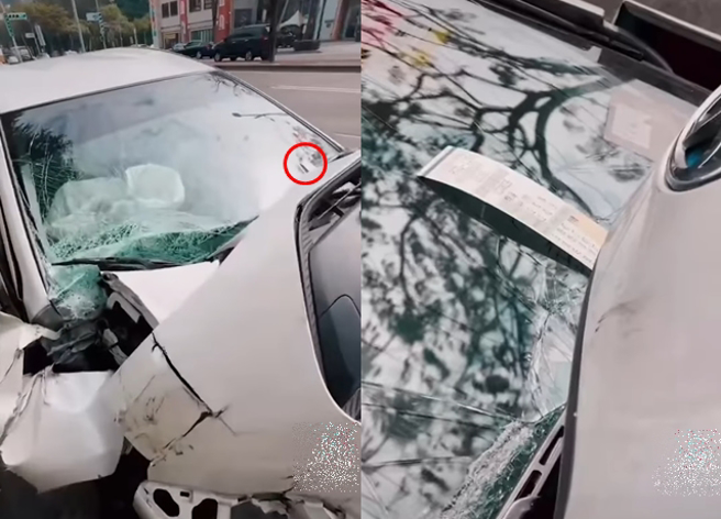 有民眾拍下一辆事故车车头「下巴」掉了，但因为停在停车格内，还是躲不过被「收费」的命运。（翻摄自脸书重机车友 ❘ 各区路况天气、资讯分享中心）