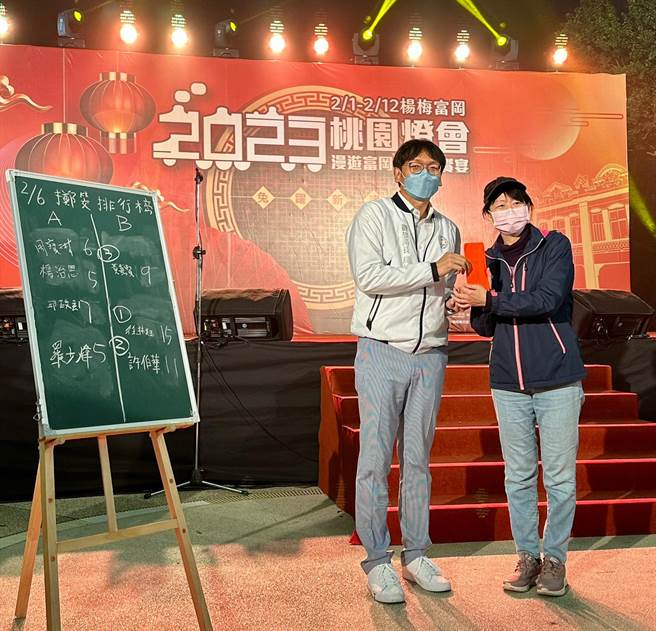 观旅局长周柏吟（左）颁奖给连续掷出15个圣筊的幸运民眾。（观旅局提供／蔡明亘桃园传真）