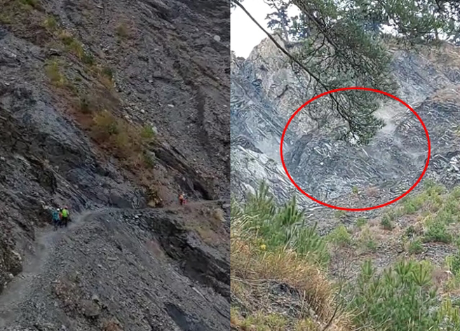 能高越岭步道6K处大崩壁，疑大雨加上地震影响造成土石松动，山友也拍下惊险的一刻。（翻摄自影片）