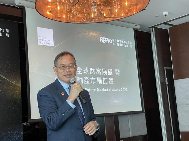 （瑞普萊坊總裁曾東茂今(8)日公開亮相，對於未來商用不動產市場，抱持樂觀態度；另外並公布2023年全球獨立不動產顧問公司萊坊Knight Frank的財富報告。圖／蔡惠芳）