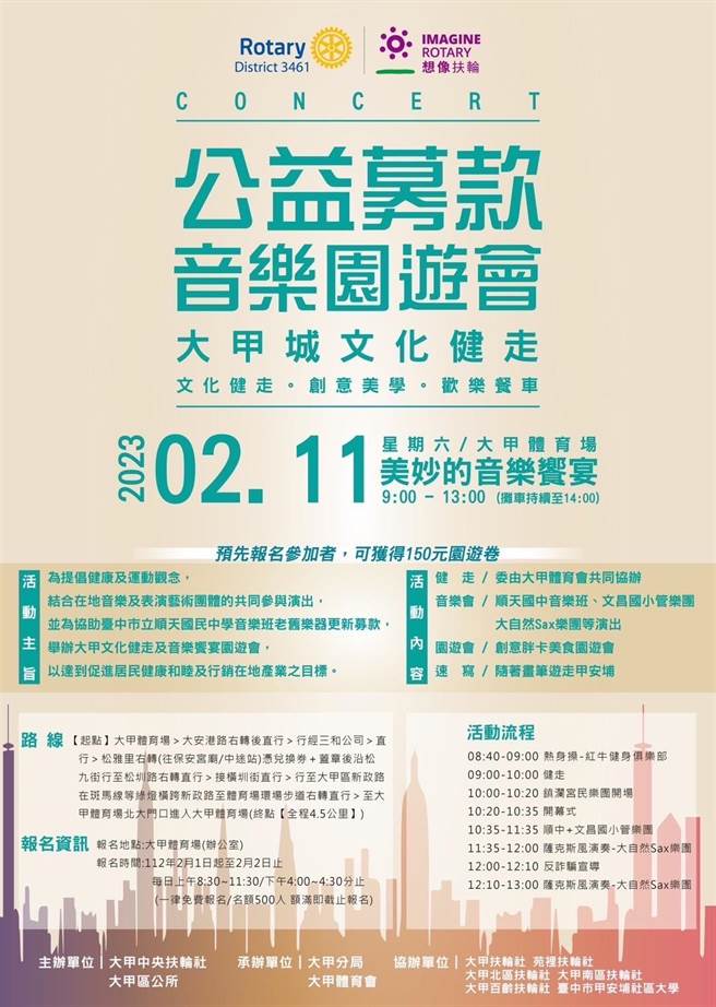 大甲城公益募款音乐园游会，现场将出动17台各具特色胖卡餐车，同为管乐团募款出力。(主办单位提供)