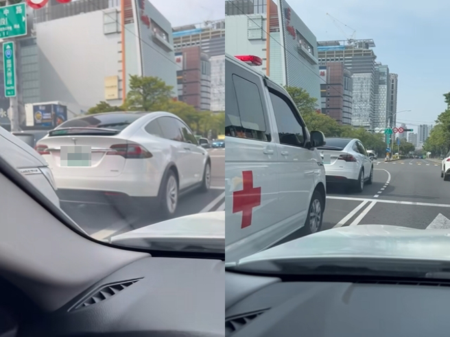 驾驶目击一辆特斯拉停红灯时未让后方正鸣笛的救护车，他在旁录下影片骂，不过其他网友发现原PO当时在救护车右侧，纷纷痛批原PO也未让。（翻摄自脸书「爆料公社」）