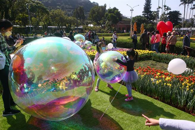 2023士林官邸郁金香展富有情调的大型泡泡让人充满对爱情的向往，就像宫崎骏电影里「崖上的波妞」。（邓博仁摄）