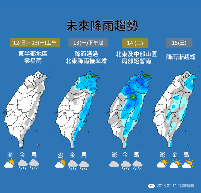 气象局指出，下周一（2/13）午后锋面通过，北东降雨机率增加。（图／气象局提供）

