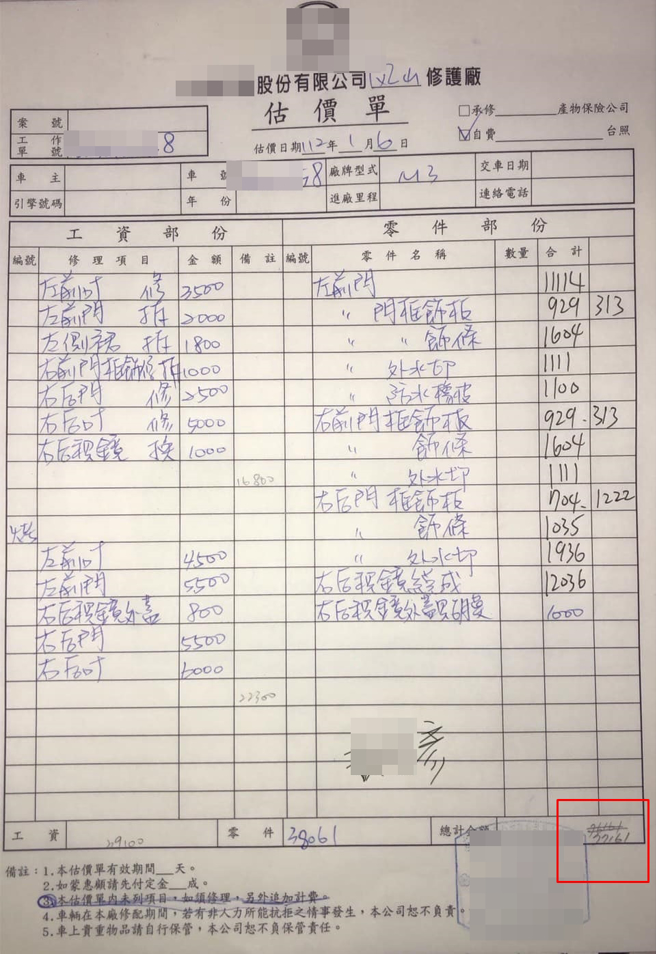 女子将约7万7千元的车损估价单拿给对方看时，对方竟双手一摊表示「我是做工的人，只愿陪3万元」。（翻摄自脸书爆料公社）