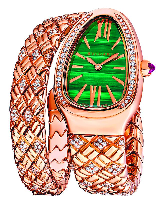 宝格丽Serpenti SPIGA玫瑰金单圈半钻腕表，159万8000元。（BVLGARI提供）
