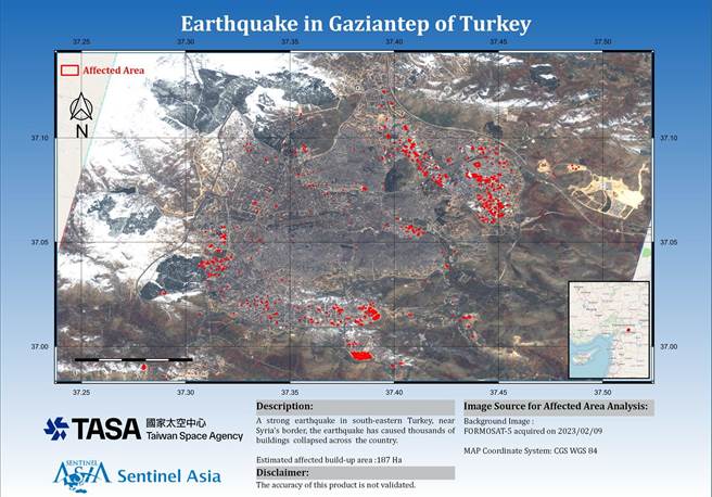 国家太空中心以福卫五号取像，判释受损建物区域，图中红色区域为建物受灾范围，总和约 187公顷。（图片摘自国家太空中心脸书）