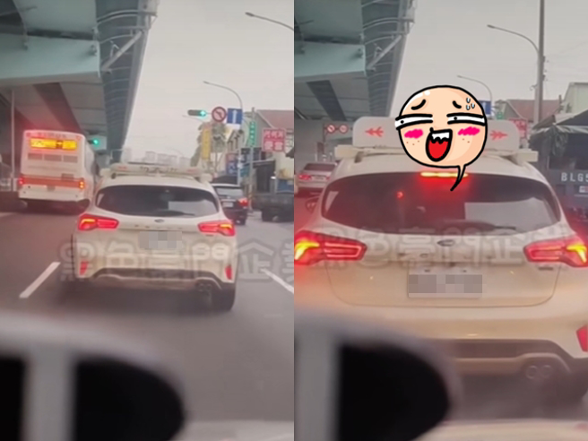 网友在路上目击前方轿车只要剎车时，车顶就会掀出一个板子写「勿太近」，影片曝光其他网友笑说该车主应该是被撞到怕了，「一定是被追尾到怕」。（翻摄自脸书「黑色豪门企业」）