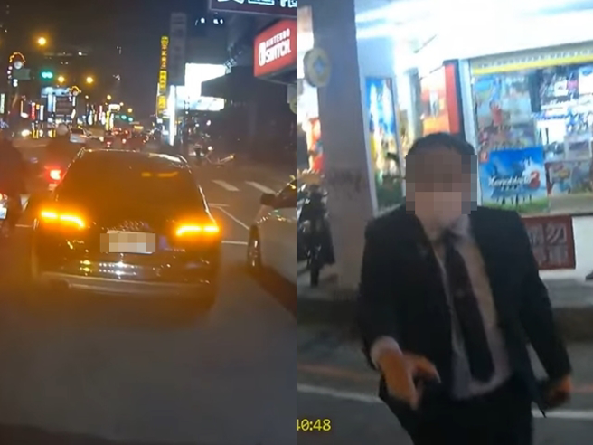 奧迪駕駛才從店家衝出來罵「你拍我幹嘛」，要求騎士刪除照片遭拒絕，最後甚至惱羞不移車，直接喊「（罰金）2400而已，我開這種車」。（翻攝自YouTube）