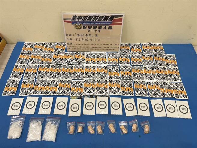 保安大队员警经张嫌同意搜索，在其车内随身背包里，查获大量毒品。（台中市警察局提供／张妍溱台中传真）