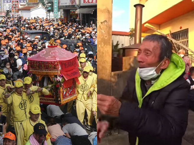 白沙屯拱天宫妈祖突衝入一旁小巷进入民宅，年迈屋主随即跪地激动哭喊「圣母进来啦」，銮轿停留3分钟后离去。（翻摄画面）