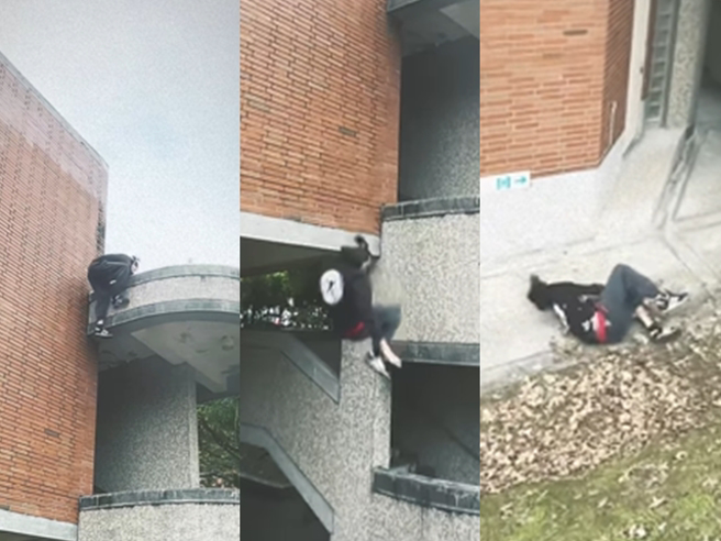 跑酷选手「韩顺全Ant Han」日前在某处大楼3楼要从楼梯外墙攀爬下来时不慎失手，当场从3楼掉到B1地面，惊悚画面曝光。（翻摄自韩顺全Instagram）