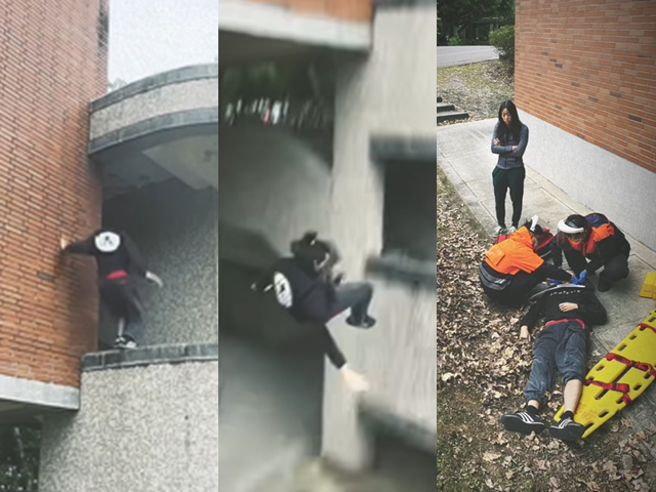 跑酷选手「韩顺全Ant Han」日前在某处大楼3楼要从楼梯外墙攀爬下来时不慎失手，当场从3楼掉到B1地面，惊悚画面曝光。（翻摄自韩顺全Instagram）