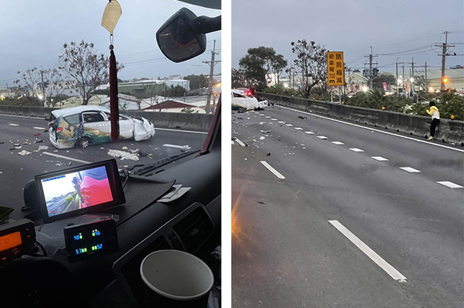 小客车自撞护栏，车上共载4人，其中辛姓4岁男童当场喷飞惨死，另外开车的40岁的辛女左腿骨折、辛姓1岁小女童脸部撕裂伤，37岁的张女则下巴撕裂。（合成图／翻摄彰化踢爆网／吴建辉彰化传真）