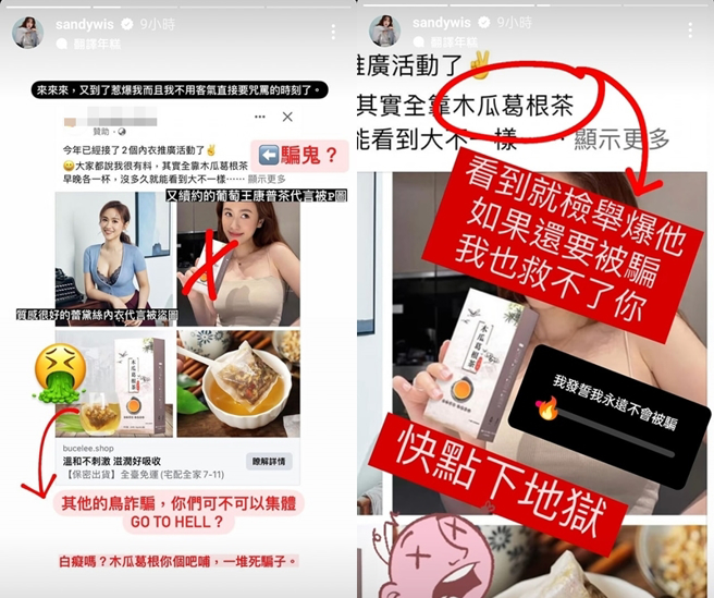 Sandy（吴姗儒）在社群平台痛骂诈骗广告。（图／吴姗儒Instagram）