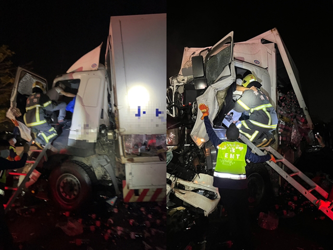 云林县消防局晚间8点26分接获通报，国道一号南下243公里附近（云林系统交流道）多部车追撞，现场有车辆冒烟及3名伤患，已出动救护车。（翻摄照片）