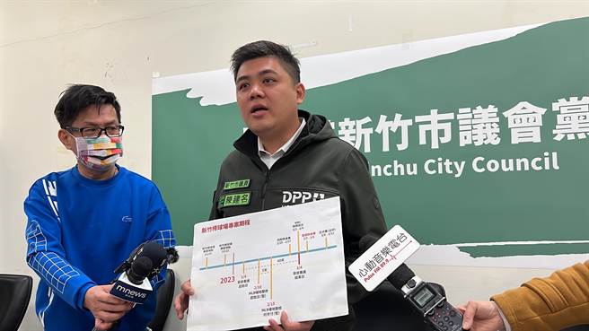 市議員陳建名拿出資料，指出去年12月26日悍創公司，也曾到市府提出簡報，明確指出若從1月4日草皮養護60天，2月10日起MLB場地整修6天，就能完成棒球場調整。（王惠慧攝）