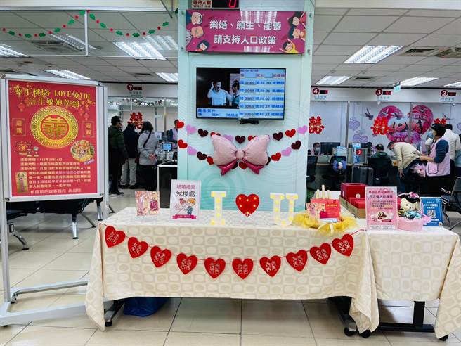 桃园区户政事务所14日特别开设8个专柜，服务要在情人节登记结婚的新人，现场还精心布置以LOVE兔YOU为主题的拍照区，让新人留下美好的回忆。（蔡依珍摄）