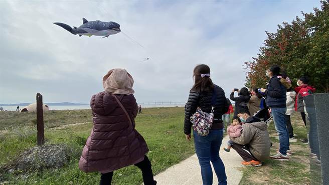 14日的表演因风况不佳，现场只放起两只大鲸鱼上天，不过仍有大批民眾到场观赏。(于家麒摄)