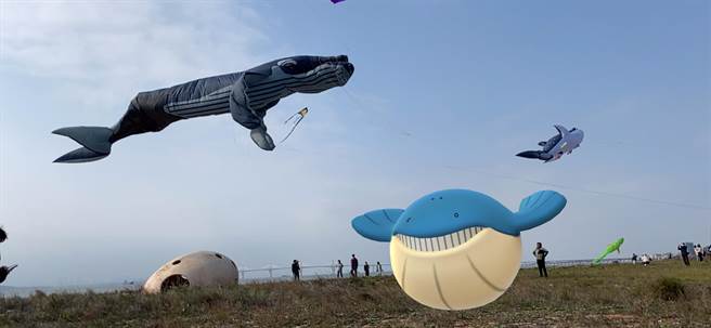 有宝可梦玩家利用游戏的AR功能放出「吼吼鲸」与巨型鲸鱼风筝合拍，形成一幅有趣的画面。(于家麒摄)