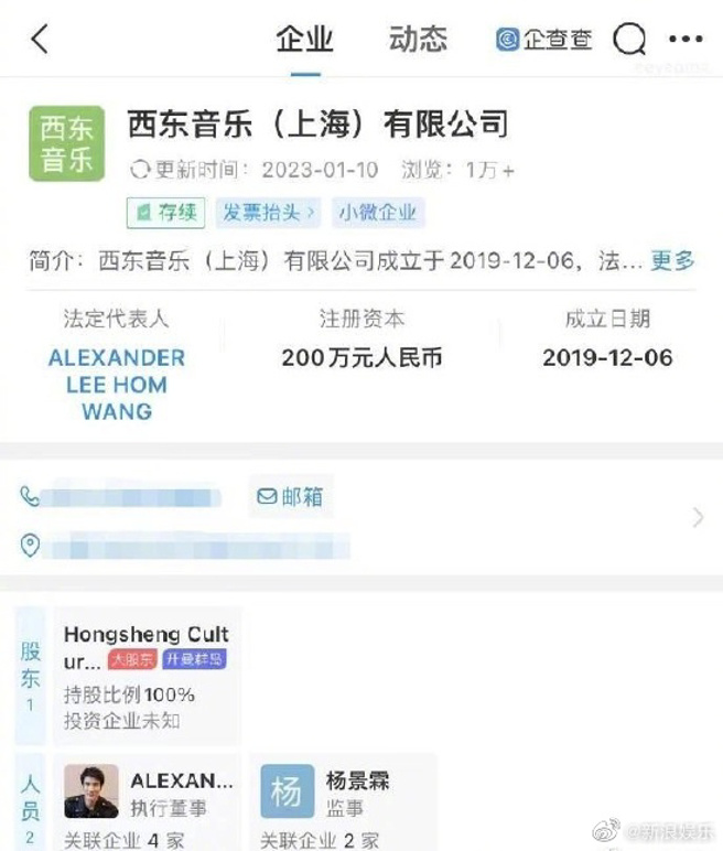 西东音乐（上海）由王力宏担任法定代表人、执行董事。（图／取自新浪娱乐微博）