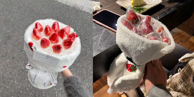 一名男网友抱怨，花了1600元上网订制草莓花束，没想到竟然收到「抹布包草莓」。（图／翻摄自FB爆怨公社）