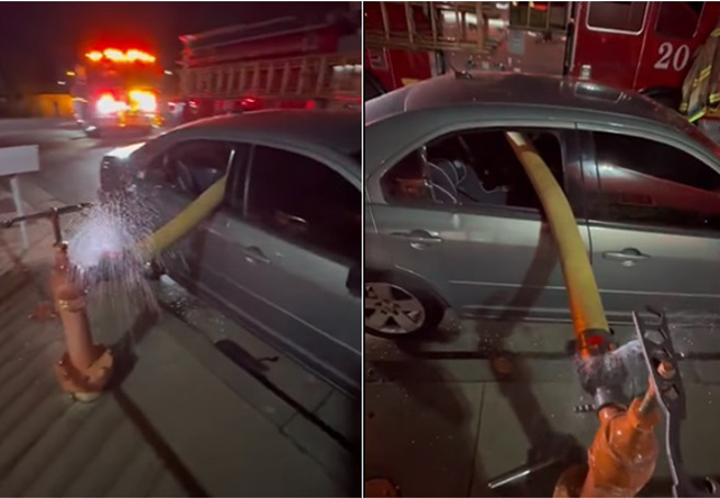 违停消防栓前！消防员霸气「破窗穿水管」救火，网讚：疗癒。(翻摄脸书爆废公社二馆)