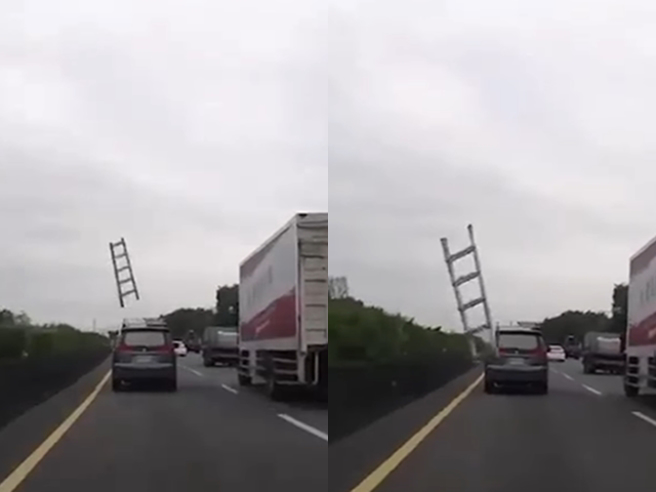 國道一號烏日段昨（15）早發生一輛車在行駛內車道時突掉落一個鋁梯，鋁梯當場先飛越過一車後，又往後飛，所幸後方一輛車即時右偏閃過。（翻攝自臉書「八卦村 - 行車紀錄器影片上傳中心」）