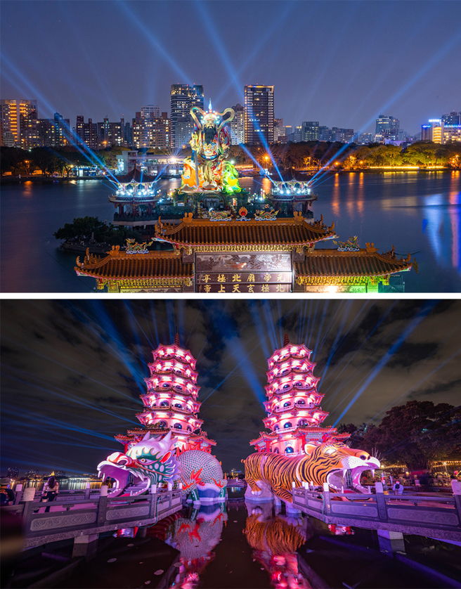 2023高雄莲潭灯会以五彩交错投射的雷射光束及庙宇灯光妆点莲池潭。(摄影/黄敬文)