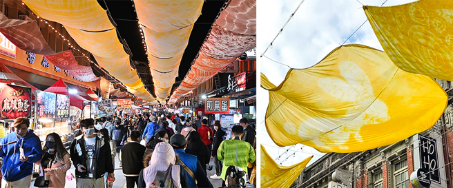 融合旗山特色物产制作的植物染悬挂于旗山老街，前后端点打造入口意象，传递在地风格。(左：摄影/Carter；右：图片提供/旗山区公所)