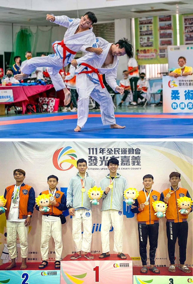 哥哥陈茂弘（左）与弟弟陈裕升（右），于111年全民运动会上荣获双人演武金牌、弟弟陈裕升也获得寝技柔术金牌。(上：图片提供/武艺廊；下：图片提供/健人营业俱乐部)
