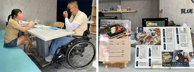 小港區藍調咖啡特別調高餐桌高度，增加輪椅容膝空間（左）、大字形或圖像化菜單（右）。(圖片提供/高雄市脊髓損傷協會)