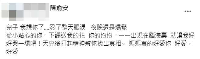 陳母深夜悲慟在兒子臉書留下81字，希望能早日釐清事故真相，還給兒子一個公道。(翻攝當事人臉書)
