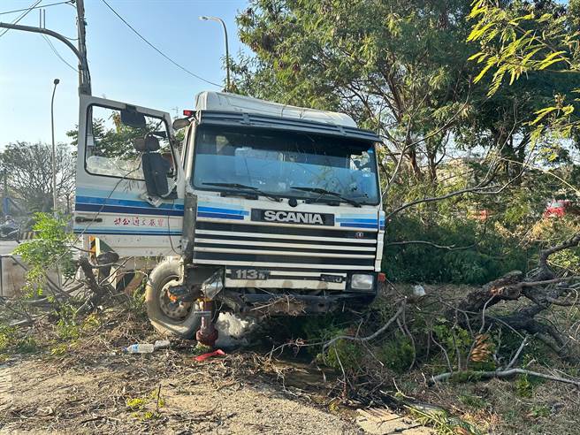 砂石車不明原因衝向路旁，撞斷樹木、消防栓及電箱後停住。（讀者提供∕呂妍庭嘉義傳真）