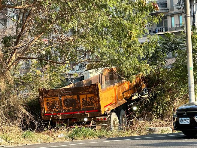 砂石車不明原因衝向路旁，撞斷樹木、消防栓及電箱後停住。（讀者提供∕呂妍庭嘉義傳真）