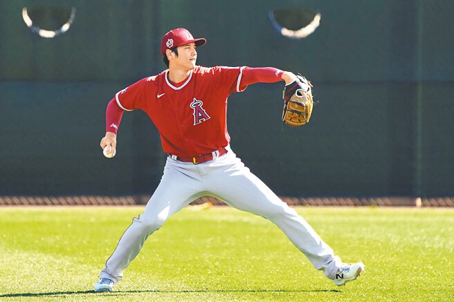 「二刀流」大谷翔平抵达天使春训基地，昨天就展开练投。（路透）