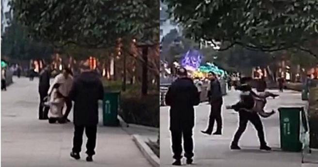 大陆贵州省一名妈妈在大街上多次飞踢女儿，随后怒火难消之下，更试图将其丢到路边的垃圾桶。（图／翻摄自微博／极目新闻）