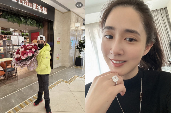 陈晓东与老婆王妤娴结婚9周年，送上101朵玫瑰花和9克拉钻戒。（图／摘自王妤娴小红书）