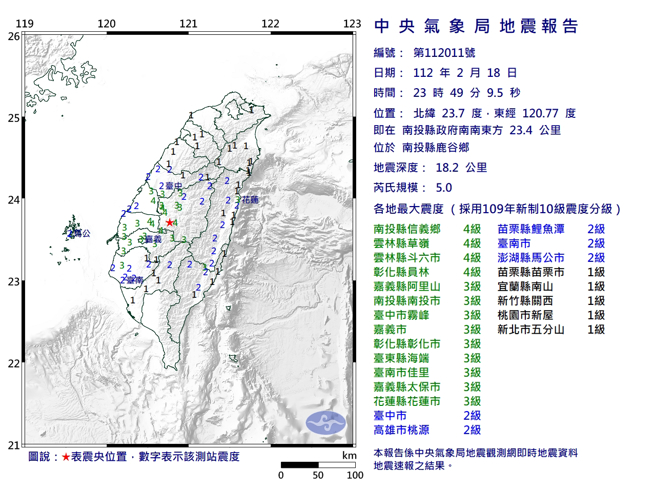 18日23:49台湾南投发生规模5.0地震。(图／气象局)